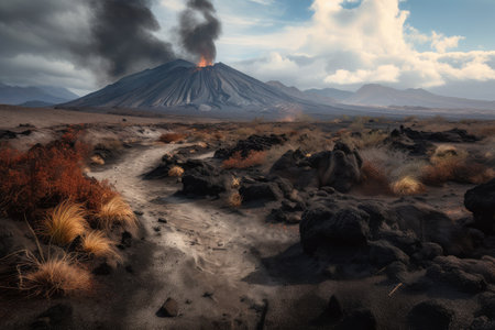 lava flow snaking its way across barren landscape, with mountains and clouds in the background, created with generative aiの素材