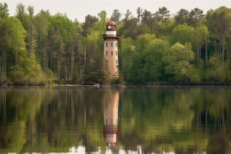 reflection of lighthouse in still, quiet lake, surrounded by forest, created with generative aiの素材
