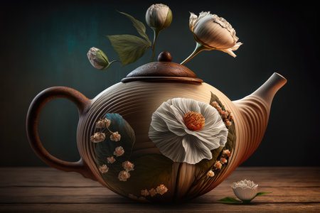 teapot with blooming flower on wooden table, created with generative aiの素材