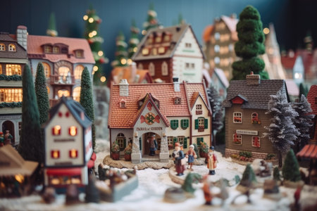 traditional christmas village with miniature houses and people under the tree, created with generative aiの素材