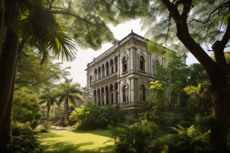 historical building, surrounded by lush greenery and towering trees, created with generative aiの素材
