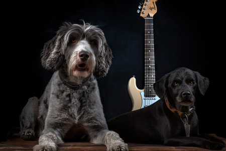 dog with guitar and rock star persona, posing for photo shoot, created with generative aiの素材