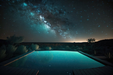 swimming pool with view of night sky, stars shining above, created with generative aiの素材
