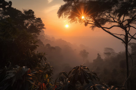 smoky jungle, with view of the ocean and sun setting on the horizon, created with generative aiの素材