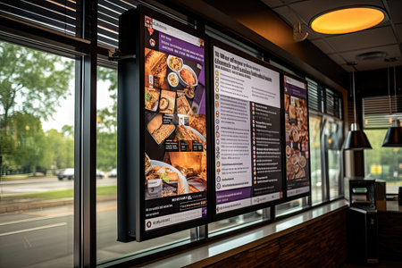 drive-thru window with mobile ordering option, displaying menu and payment options, created with generative aiの素材