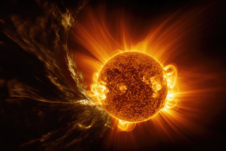 solar flare, with view of the suns surface and solar storms visible, created with generative aiの素材