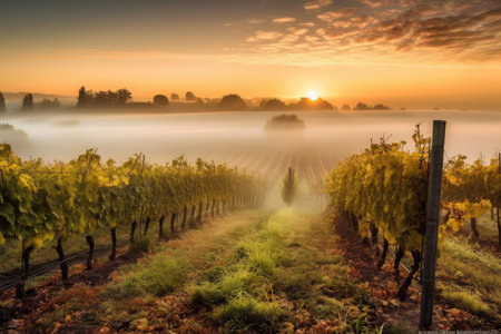 vineyard surrounded by misty sunrise, sunbeams slowly breaking through the clouds, created with generative aiの素材