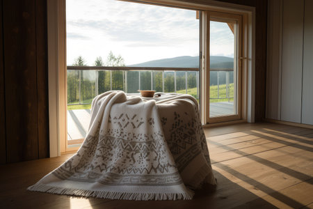 soft blanket on wooden floor with view of the outside, created with generative aiの素材