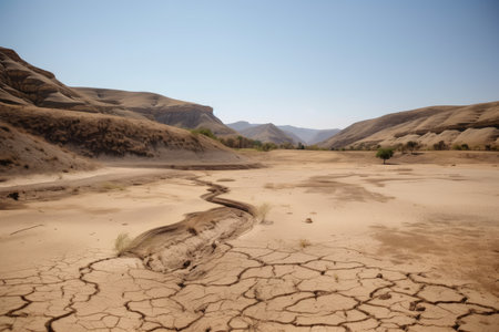 drought-stricken region, with dried up river and dusty landscape visible in the background, created with generative aiの素材