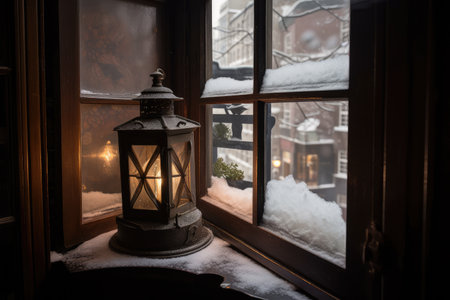 a lantern-strewn window, with a view of snowy rooftops, created with generative aiの素材