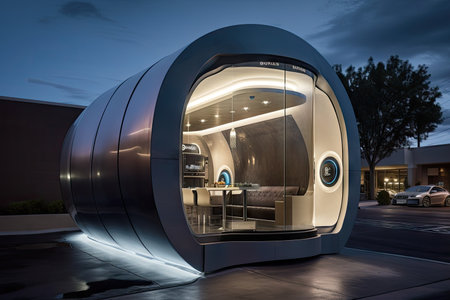drive-thru window with sleek, futuristic design for a high-tech restaurant, created with generative aiの素材