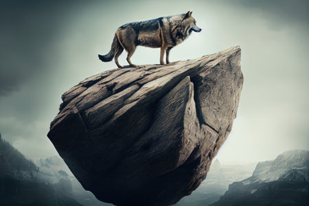 wolf, nimbly scaling mountain peak, keeping its balance on precarious rocks, created with generative aiの素材