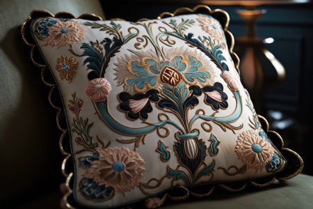pillow with intricate and detailed embroidery, bringing a touch of elegance and refinement to any setting, created with generative aiの素材