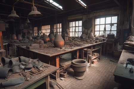 foundry workshop, with tools and equipment neatly arranged, created with generative aiの素材