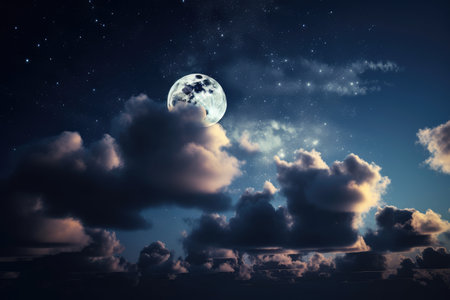 a view of the night sky, with the stars shining and a moon peeking out from behind clouds, created with generative aiの素材