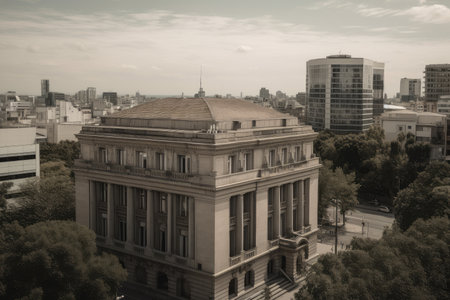 classical building, with view of modern cityscape, symbolizing the past and present, created with generative aiの素材
