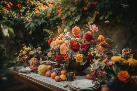 lush garden filled with flowers for a beautiful centerpiece, created with generative aiの素材