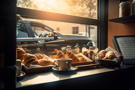 drive-thru window filled with coffee, pastries, and other morning essentials, created with generative aiの素材