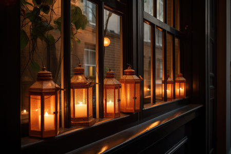 a row of lanterns filling the window and creating a warm, welcoming light, created with generative aiの素材