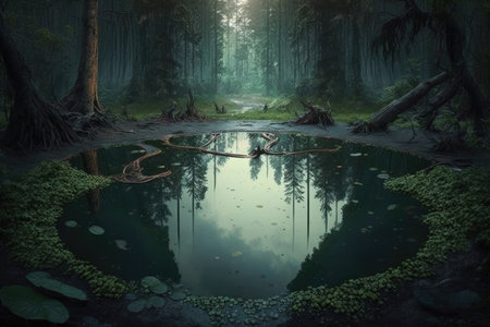 water puddle in the middle of a forest, surrounded by towering trees and dense greenery, created with generative aiの素材