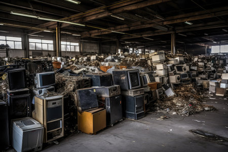 massive e-waste recycling center, with truckloads of old electronics waiting to be processed, created with generative aiの素材