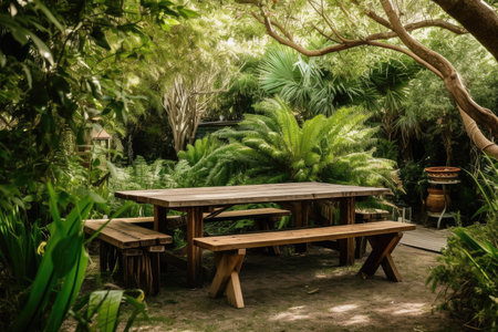 a beautiful outdoor setting with a wooden table surrounded by lush greenery, created with generative aiの素材
