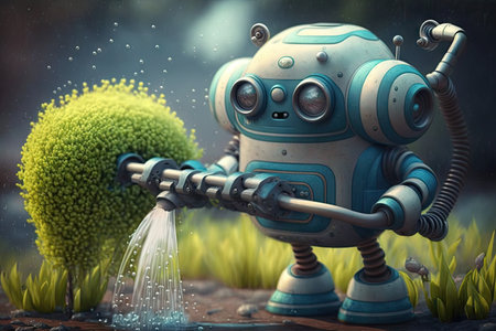 robot, watering the garden with its built-in water gun, created with generative aiの素材
