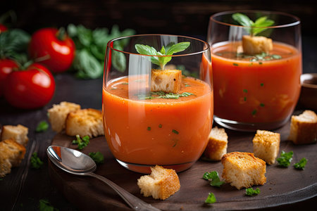 refreshing gazpacho, served chilled and topped with fresh herbs and croutons, created with generative aiの素材