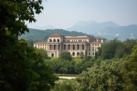 view of classical and historical building, surrounded by lush greenery and towering mountains in the background, created with generative aiの素材