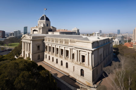 classical and historical building, with view of modern city skyline, surrounded by bustling metropolis, created with generative aiの素材
