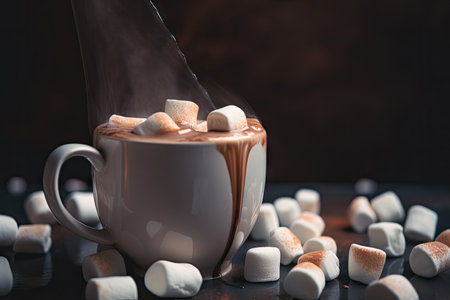 warm cup of hot chocolate, with marshmallows floating on the surface, created with generative aiの素材