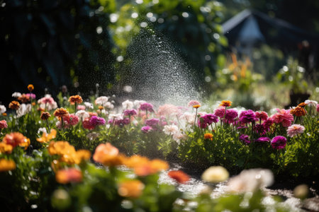sprinkler head spraying water onto flowerbed, with blooming flowers in the background, created with generative aiの素材