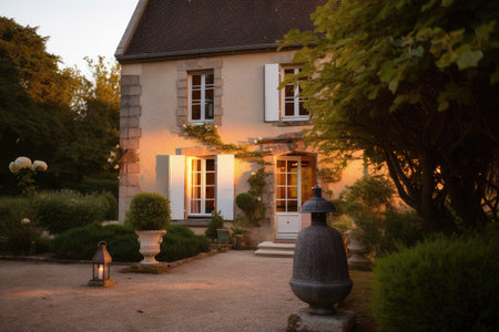 french country house exterior with front garden and lanterns in the evening, created with generative aiの素材