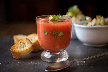 glass of chilled gazpacho, topped with olive and slice of crusty bread, created with generative aiの素材