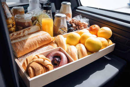 drive-thru with variety of foods, including hot and cold sandwiches, pastries, fruits, and beverages, created with generative aiの素材