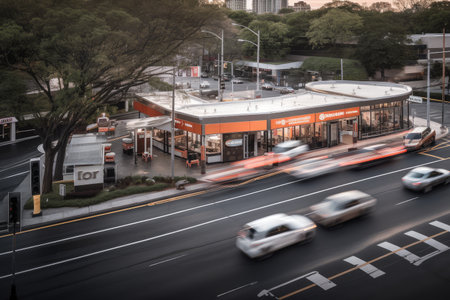 drive-thru with a view of fast-paced traffic, showcasing the flow of daily commute, created with generative aiの素材