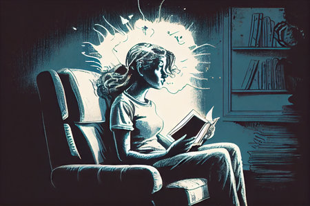 person with schizophrenia, sitting in comfortable armchair, reading book and enjoying quiet moment, created with generative aiの素材