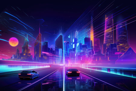 digital holographic background with futuristic cityscape, featuring towering skyscrapers and flying automobiles, created with generative aiの素材