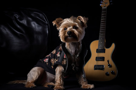 scene of dog sitting comfortably against black backdrop, with rock star outfit and guitar visible, created with generative aiの素材