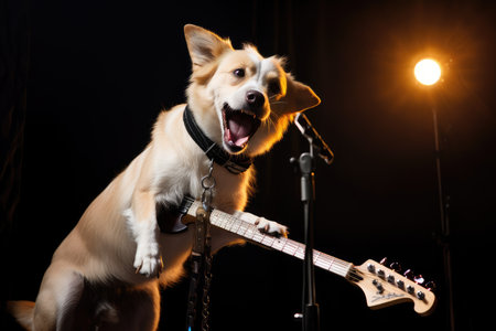 rock-star dog taking the stage, fans cheering wildly, created with generative aiの素材