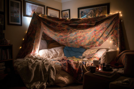 cozy blanket fort, with pillows and soft blankets for snuggle heaven, created with generative aiの素材