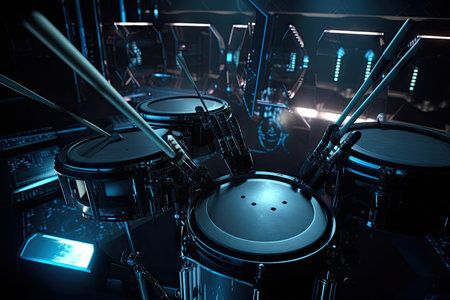 electronic drumsticks, drums and triggers creating futuristic rhythm in science fiction setting, created with generative aiの素材