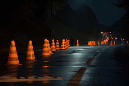 a row of traffic cones on a deserted road in the middle of the night, created with generative aiの素材