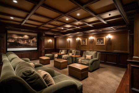 state-of-the-art home theater with surround sound, full bar, and plush seating, created with generative aiの素材