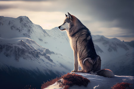 wolf sitting on top of snow-covered peak, watching over its domain, created with generative aiの素材