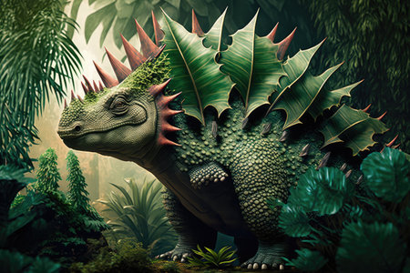 stegosaurus entering lush jungle, its body covered in green foliage, created with generative aiの素材