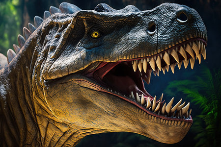 close-up of tyrannosaurus rex dinosaurs long and deadly teeth, created with generative aiの素材