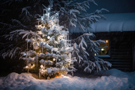 a traditional, decorated christmas tree in a winter scene with snow and icicles, created with generative aiの素材