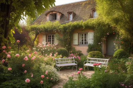 delightful french country house surrounded by blooming gardens, with wooden bench and lanterns for a romantic atmosphere, created with generative aiの素材