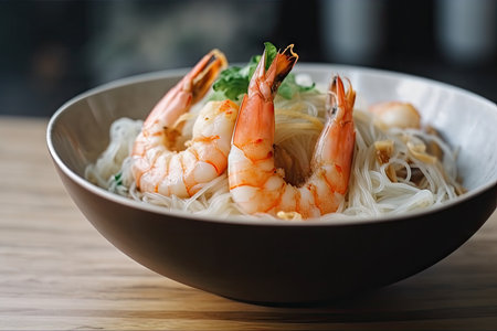 dish of tiger shrimp prawns on bed of rice noodles, created with generative aiの素材